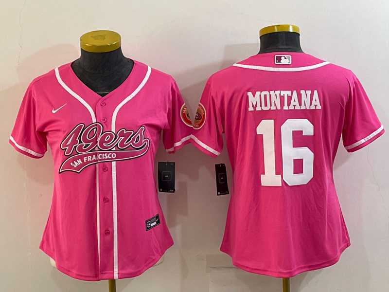 Women%27s San Francisco 49ers #16 Joe Montana Pink With Patch Cool Base Stitched Baseball Jersey